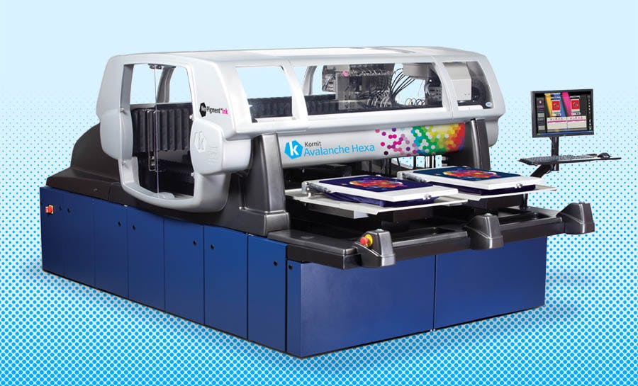 A 2-head DTG printer (Kornit Avalanche).