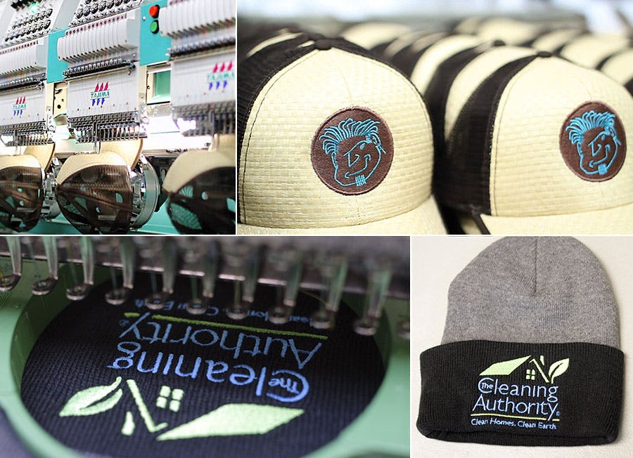 Embroidered logo examples on hats and caps.