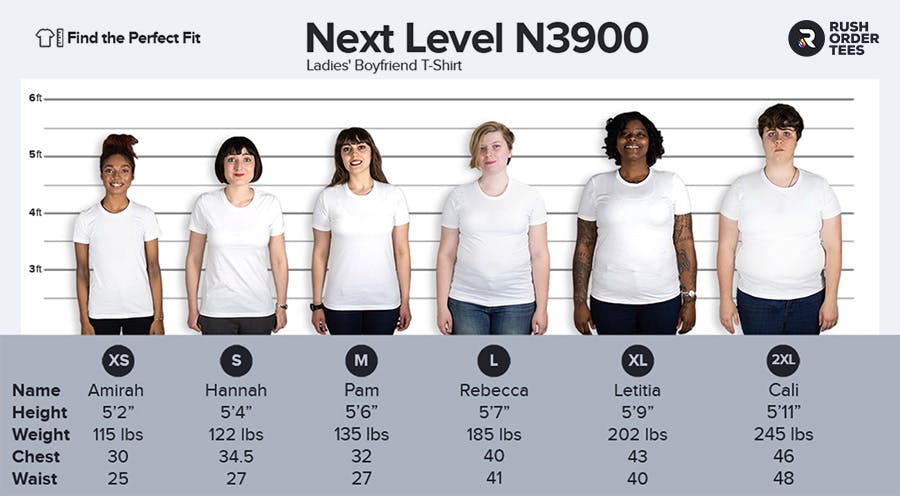 N3900 Next Level Apparel Ladies' Boyfriend T-shirt size chart