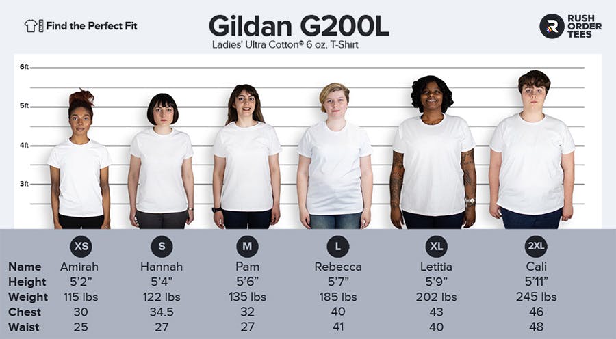 G200L Gildan Ladies' Ultra Cotton® T-shirt size chart