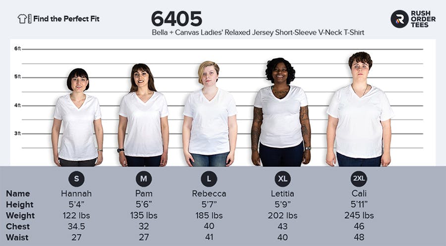 6405 Bella + Canvas Ladies' Relaxed Jersey V-Neck T-shirt size chart