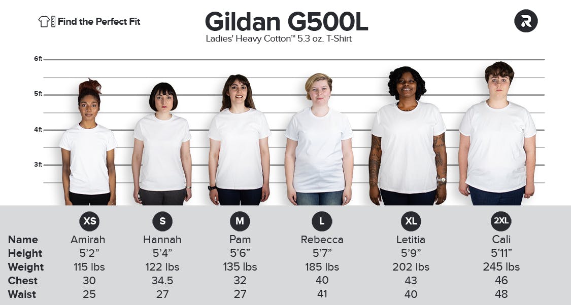 Gildan Women's Heavy Cotton T-Shirt Size chart - G500L