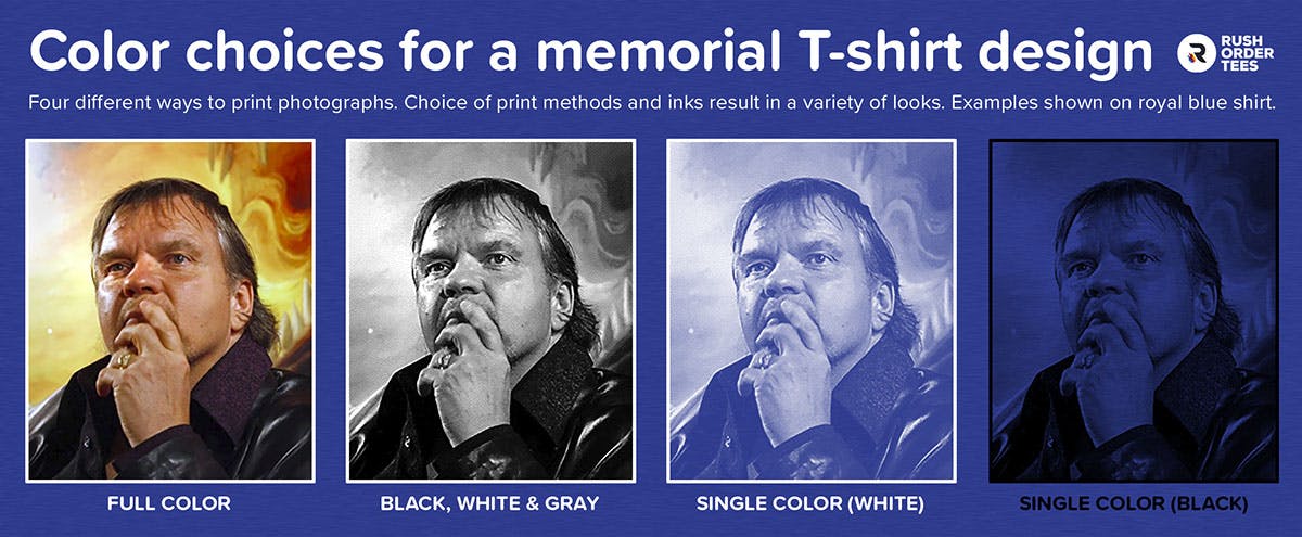 Four examples of ink color choice for your memorial T-shirt.