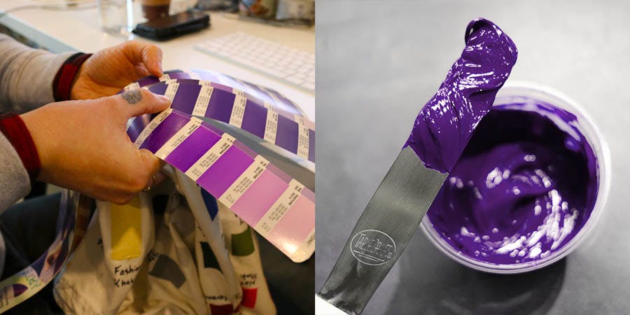 Using Pantone color swatches to pick a color, and the custom ink mix.