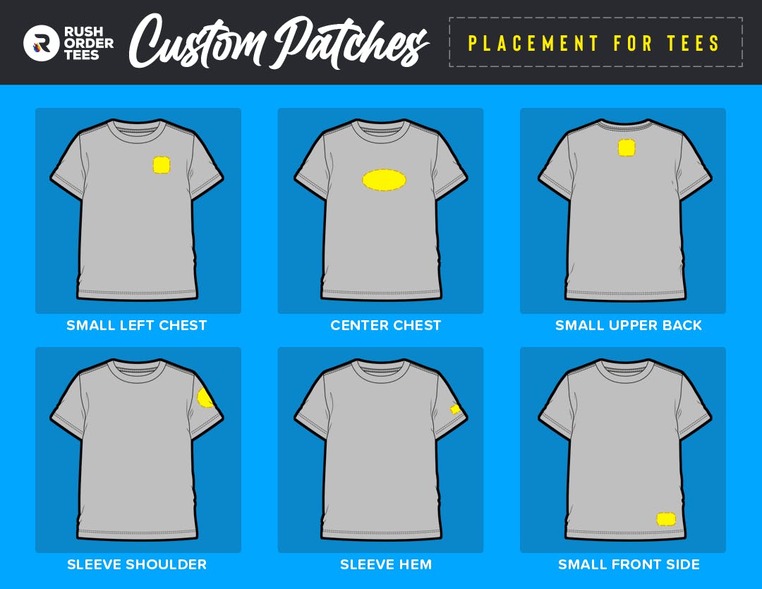 Example placement locations of patches on tees.