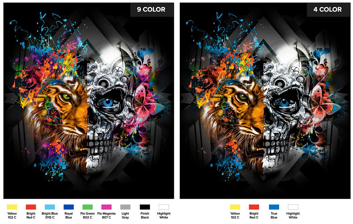 9 spot colors vs 4 colors using simulated process printing