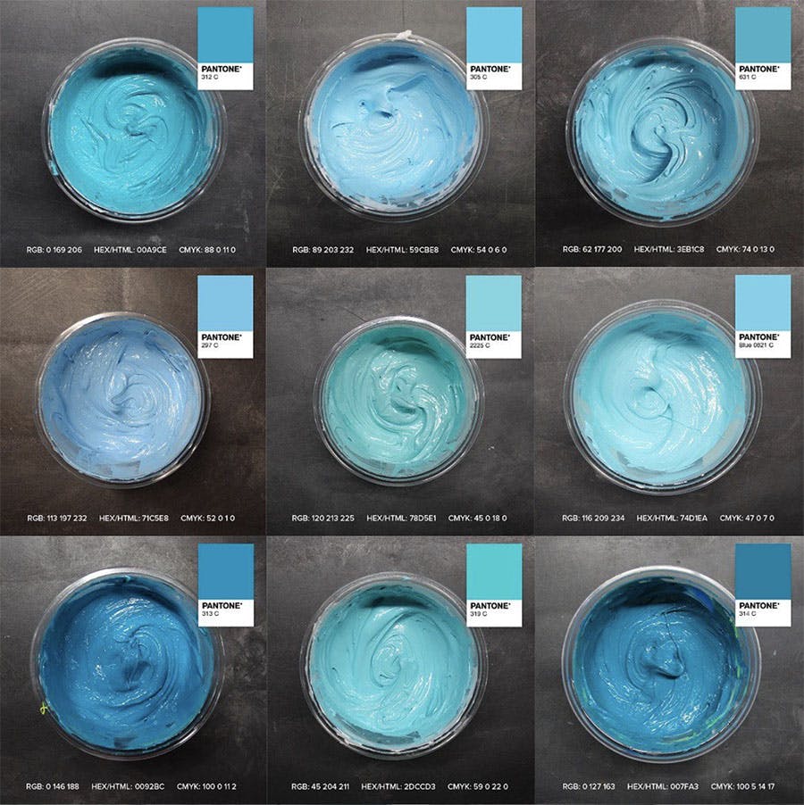 Various shades of light blue Plastisol ink and the Pantone codes.