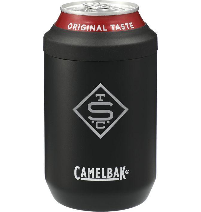 Black CamelBak 12 oz can cooler with gray logo