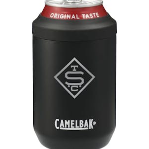 Black CamelBak 12 oz can cooler with gray logo