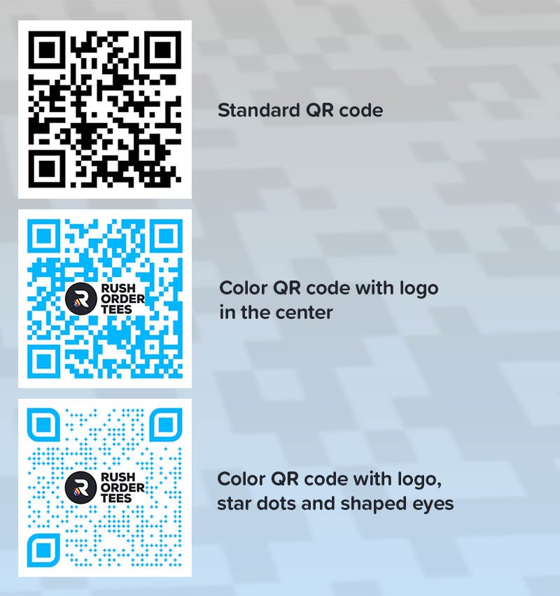 Three examples of custom QR codes.