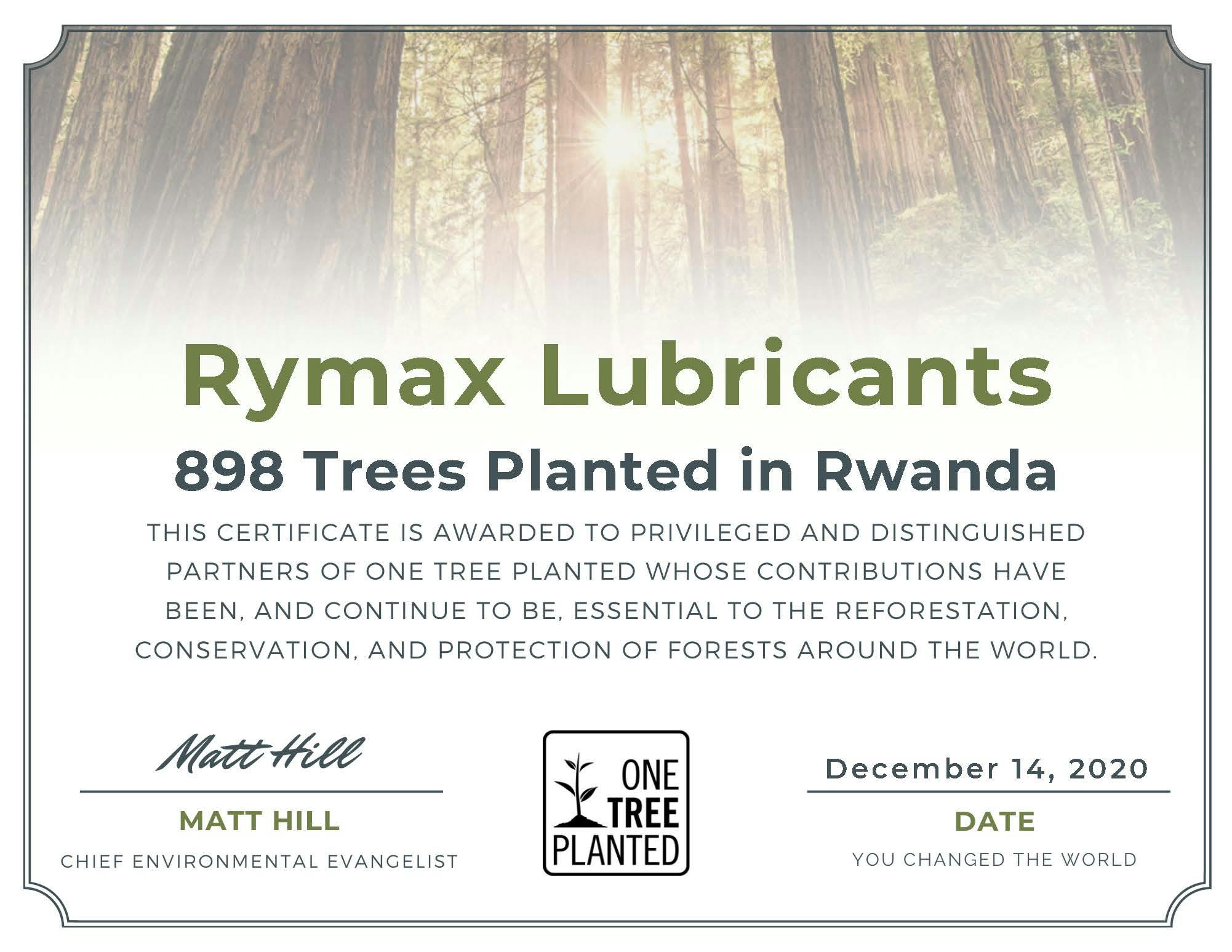 Official certificate One Tree Planted awarded to Rymax Lubricants