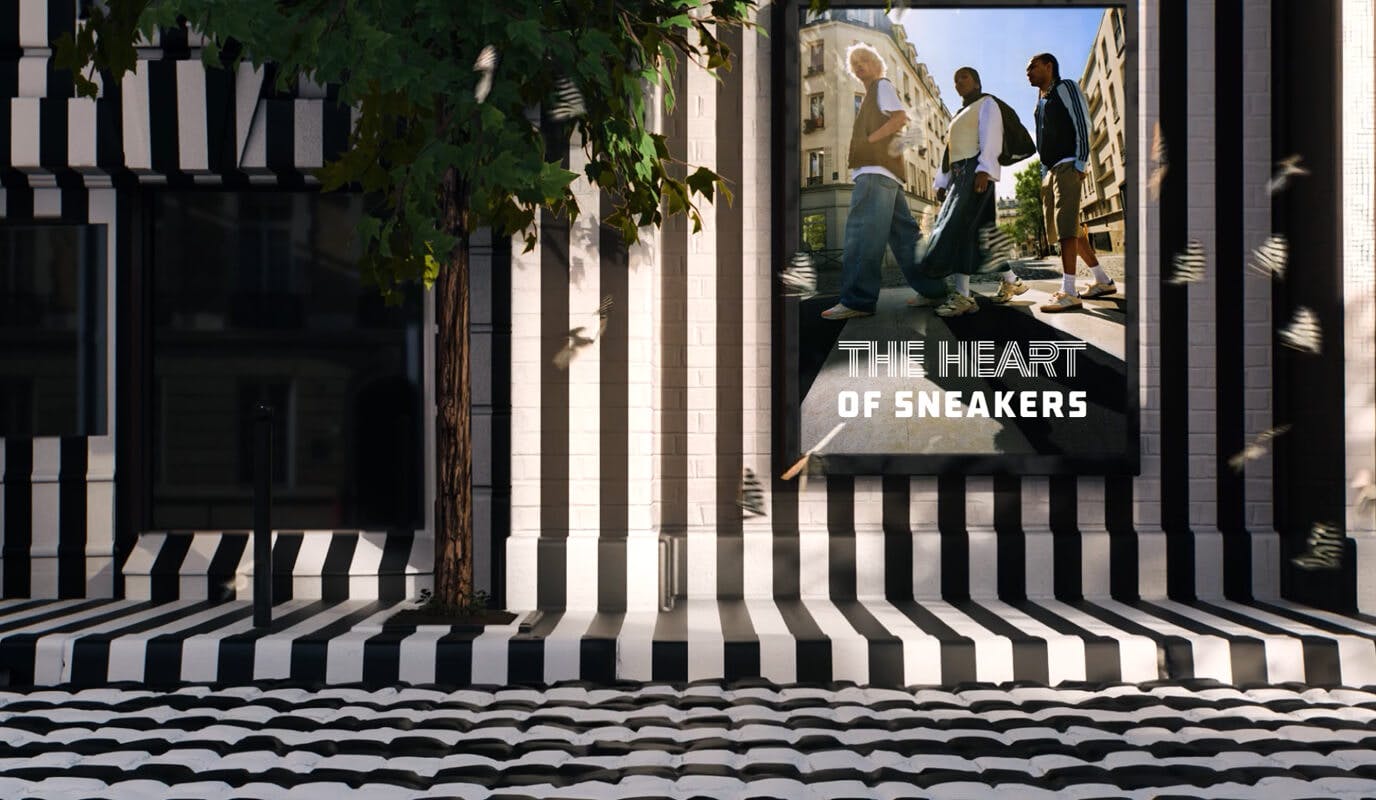 The bricks transform, painted in Foot Locker’s signature black-and-white stripes, setting the stage for the bold “THE HEART OF SNEAKERS” poster and uniting the story in a striking urban display.