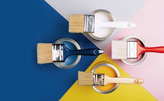 trending bedroom paint colors, including white, navy, yellow, and pink
