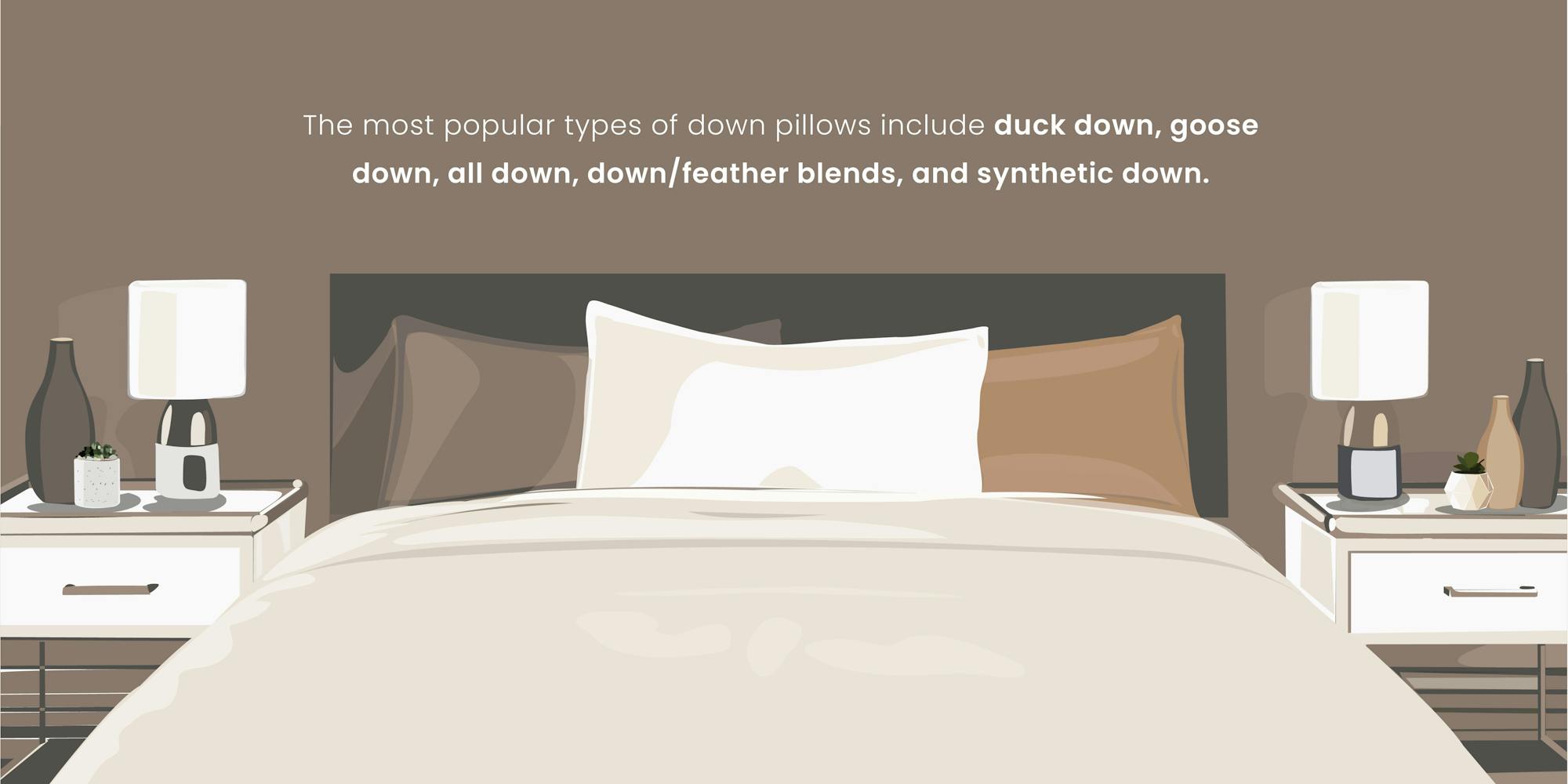 illustration with down pillow on bed explaining what the different types of down are