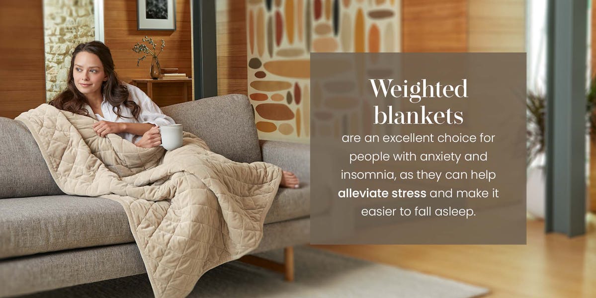 person using weighted blanket with description of weighted blanket benefits for anxiety