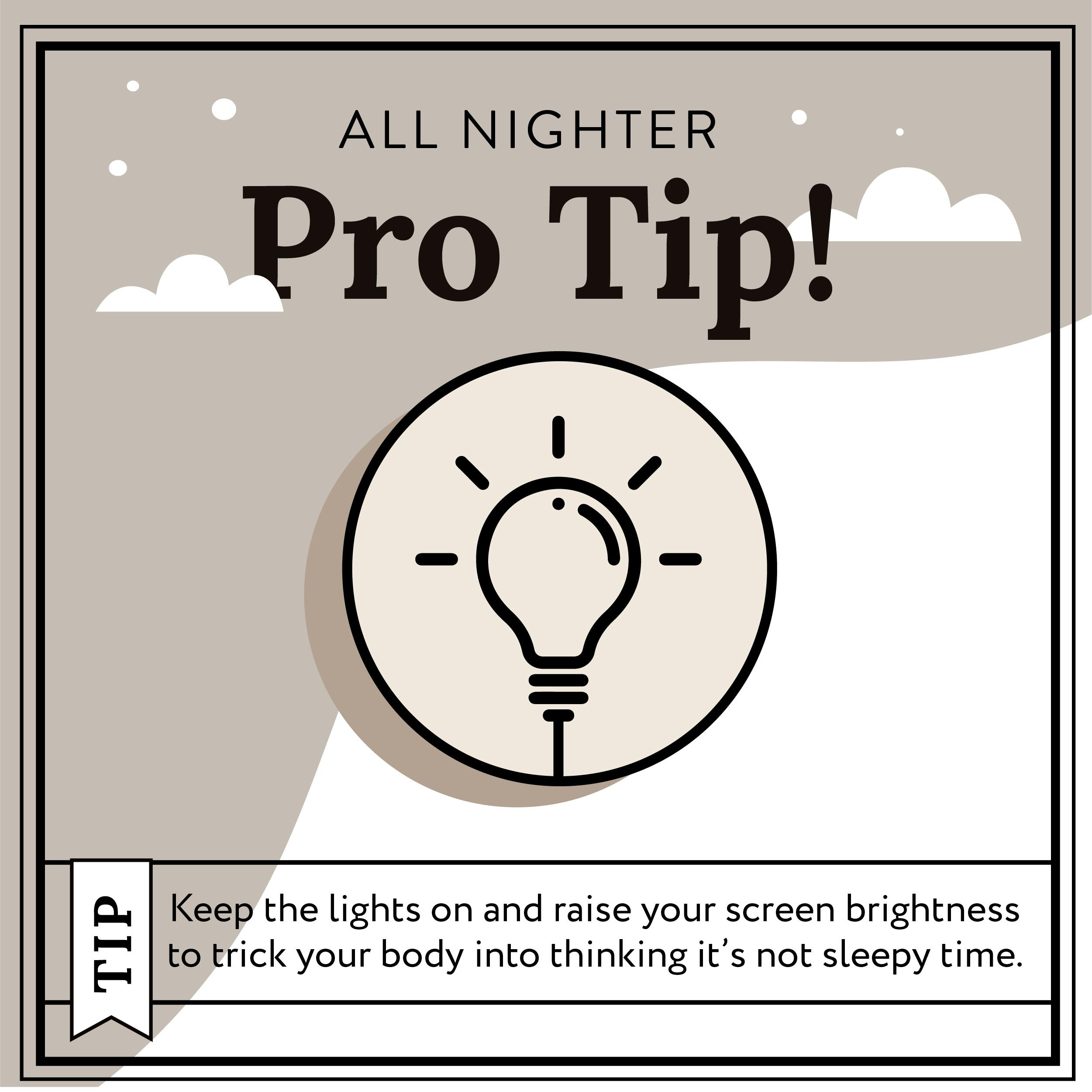 lightbulb with copy on it explaining how to use light to stay awake overnight