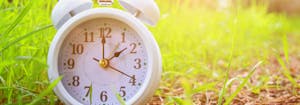 clock in grass outside to signify daylight saving time 