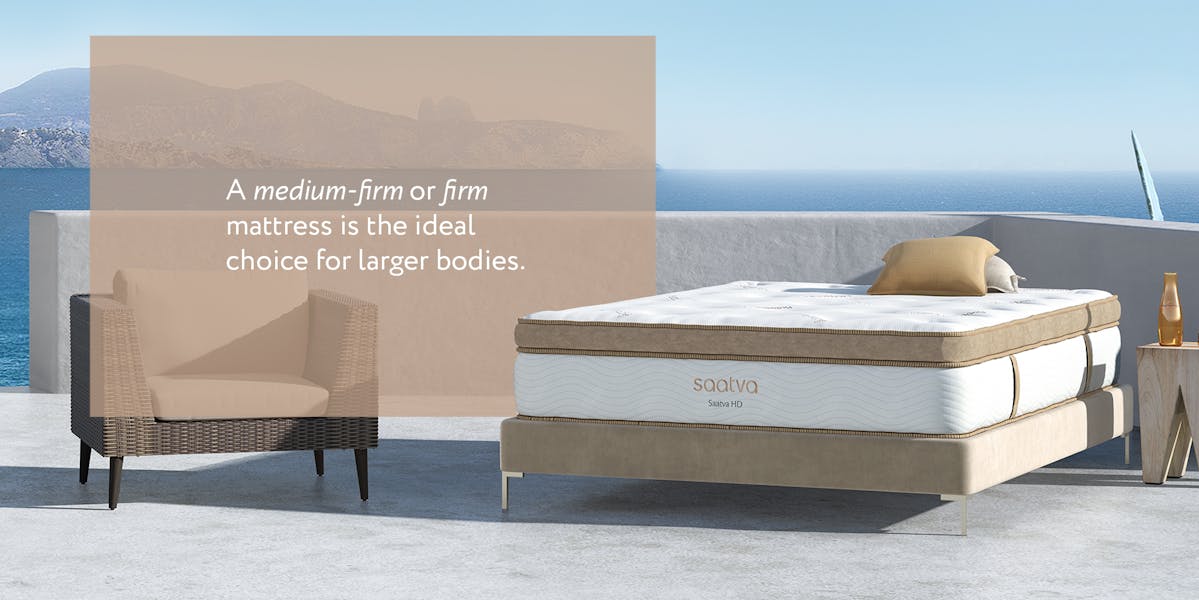 saatva hd mattress with copy explaining the ideal mattress firmness level for heavy people