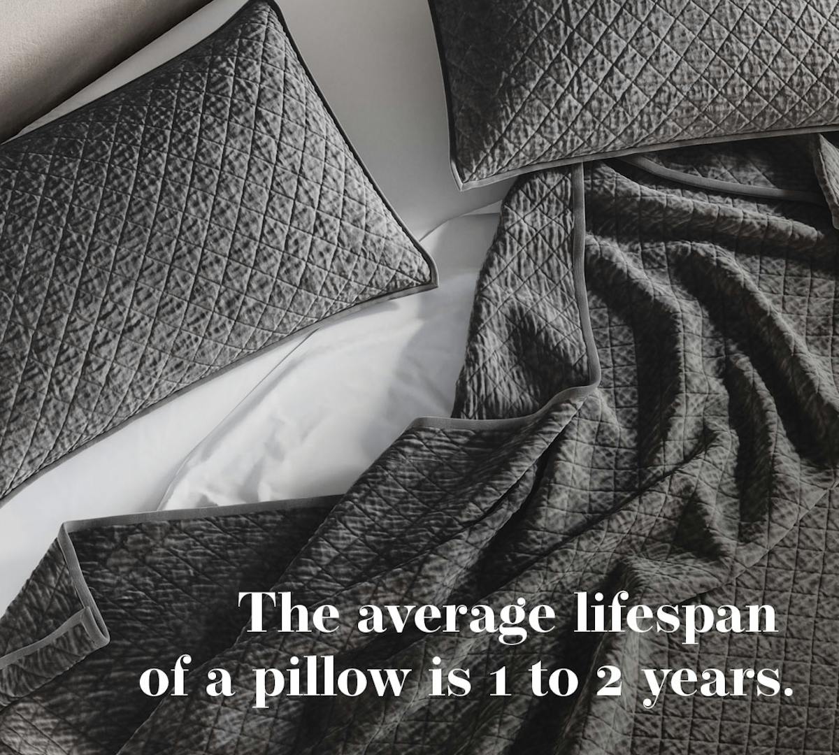 bed with pillows on top of it, stating the average lifespan of a pillow is 1-2 years