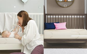 parent with baby in a crib next to saatva crib mattress