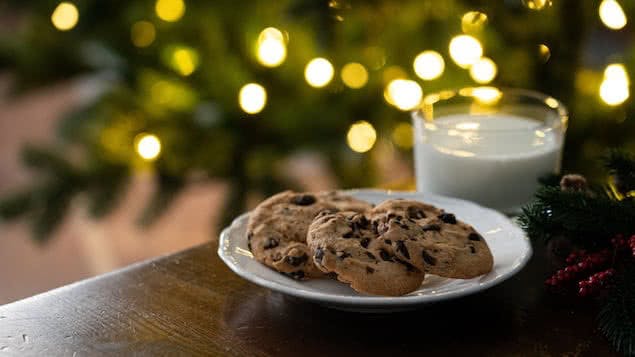 plate of chocolate chip cookies and glass of milk