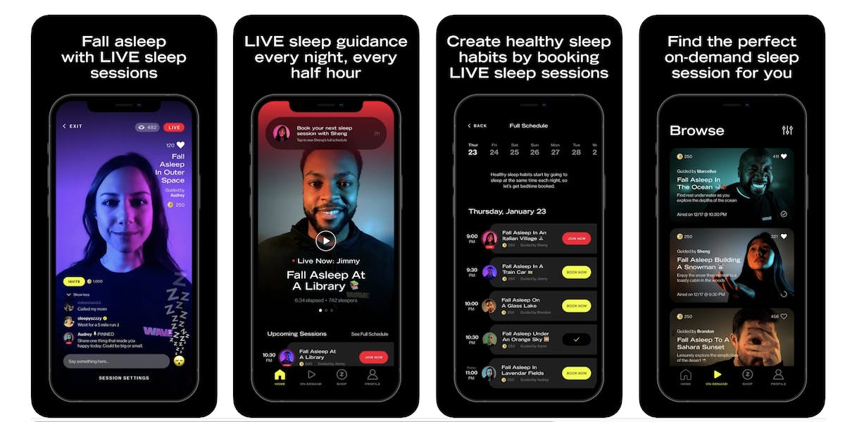 screenshots showing features of the wave app sleep