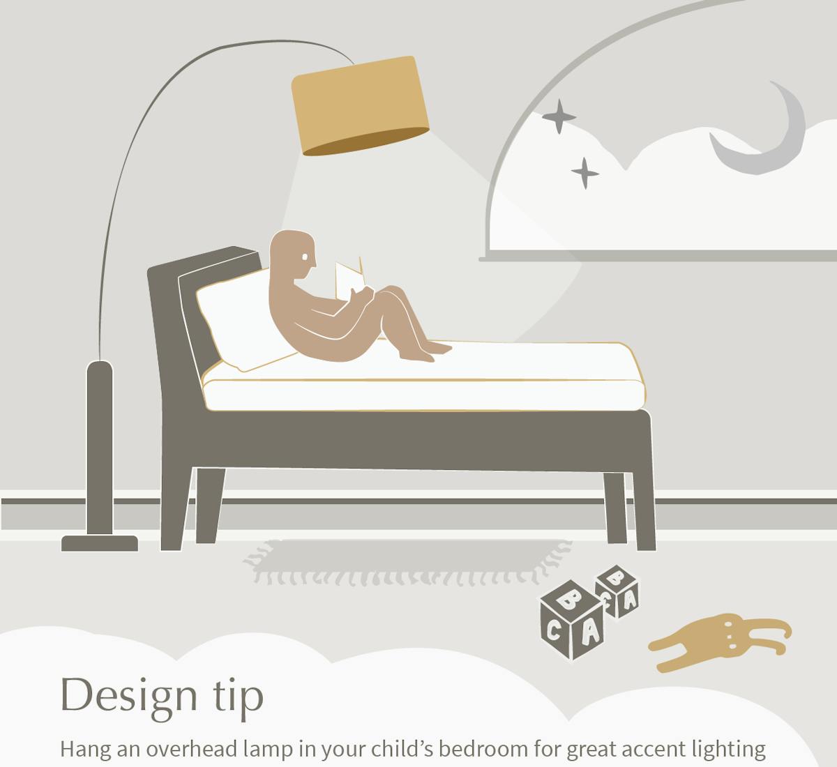 child sitting on twin size bed reading book with overhead lamp shining down