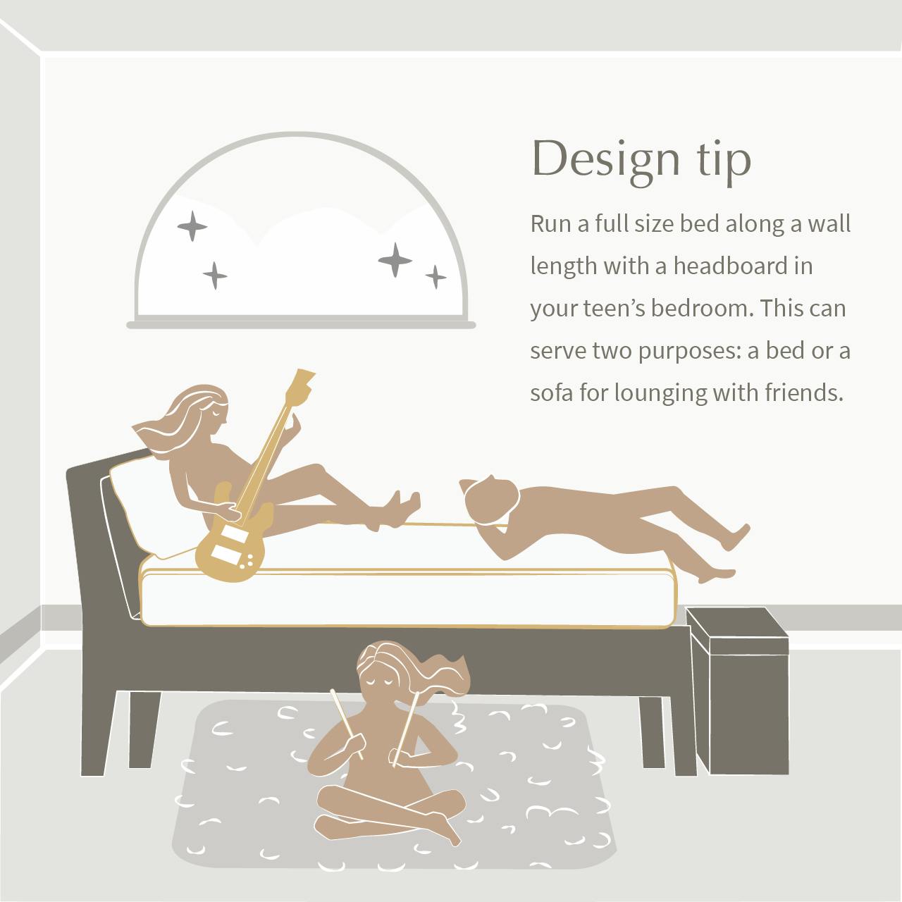 illustration showing teenagers lying on full size bed and sitting in bedroom