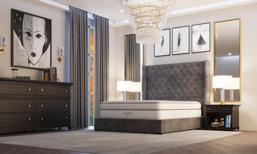 Saatva's award-winning Classic Innerspring Mattress in an elegant bedroom.