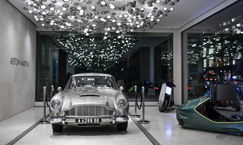 Aston Martin's ultra luxury flagship showroom, Q New York with the iconic DB5 model driven by fictional British Secret Agent, James Bond, aka 007, on display