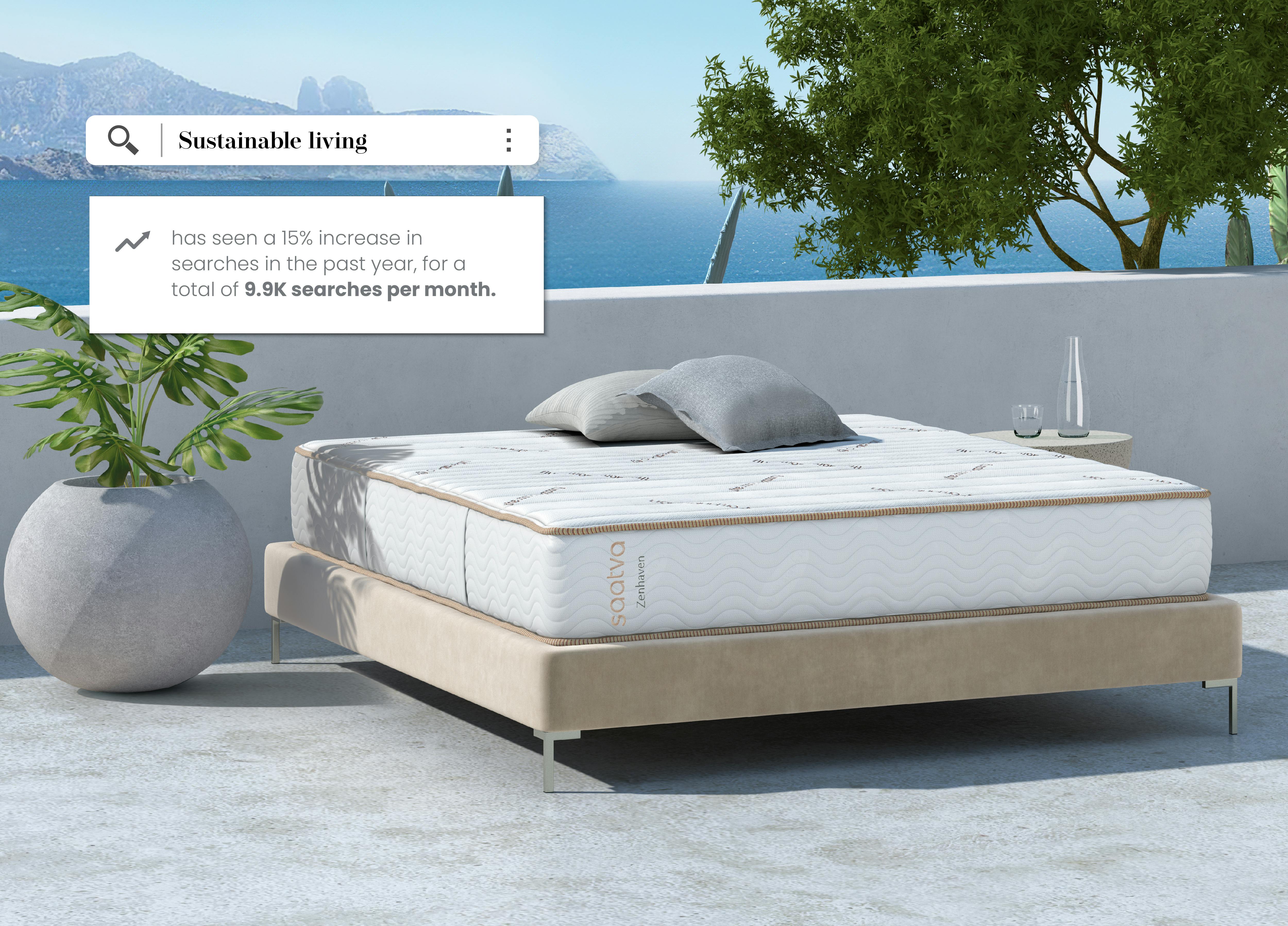 Saatva Zenhaven latex mattress on a Santorini bed in a rooftop in Greece.