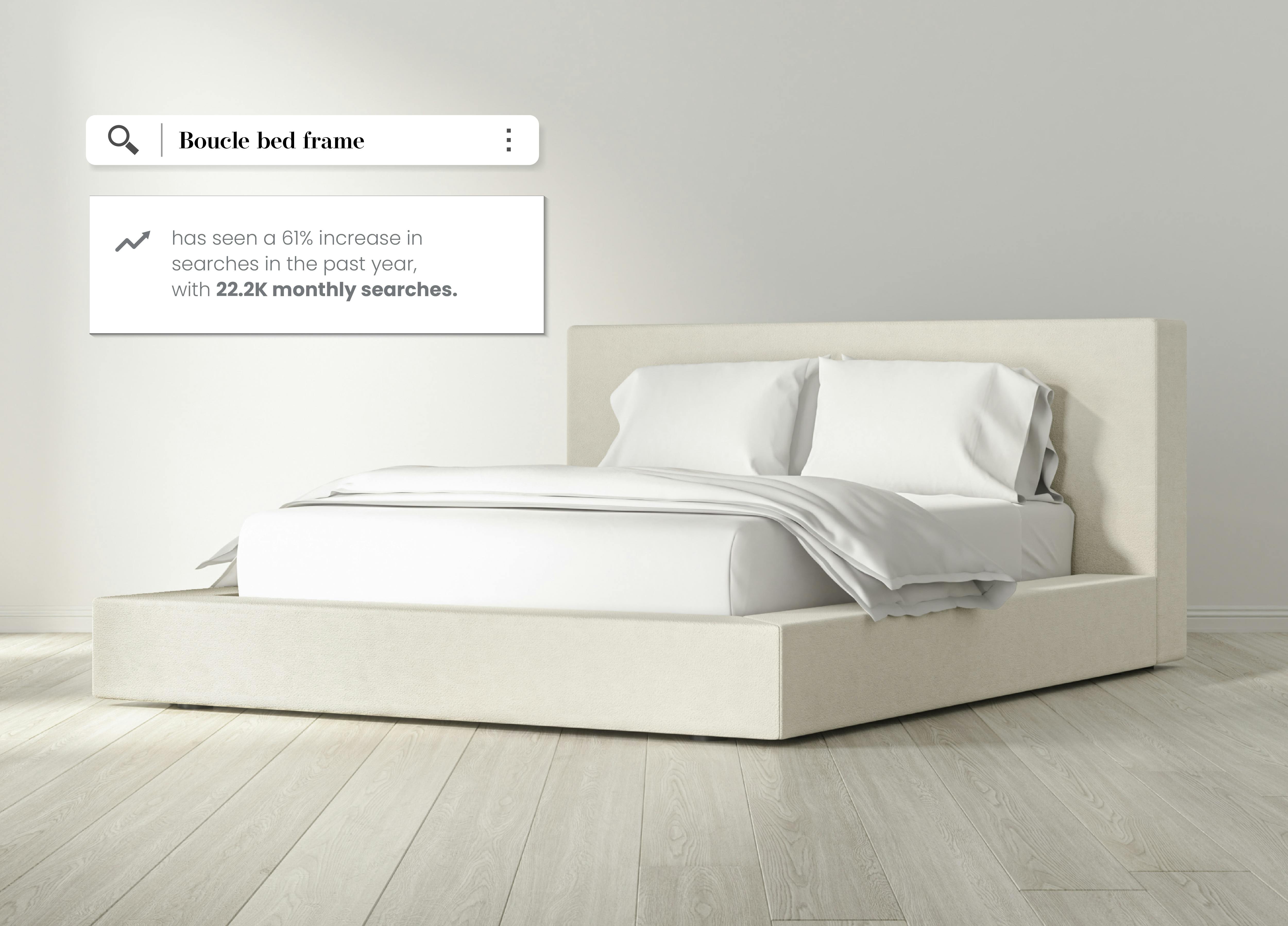 Saatva Crete limited-edition boucle bed, with a made-to-order Saatva mattress, and luxurious white cotton Saatva bedding.