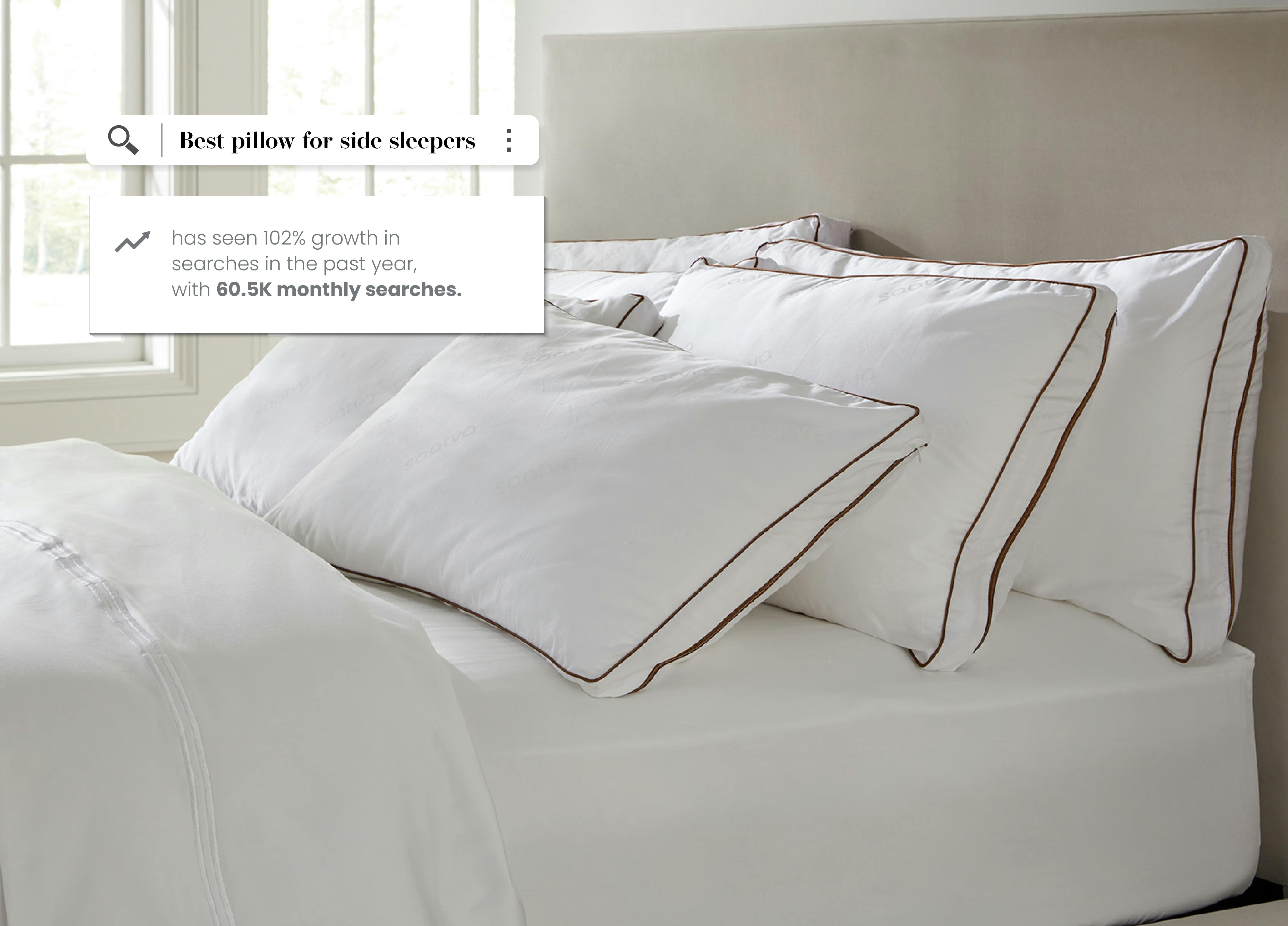 A Saatva mattress and Santorini bed frame topped with white sateen bedding and Saatva latex pillows in multiple lofts.