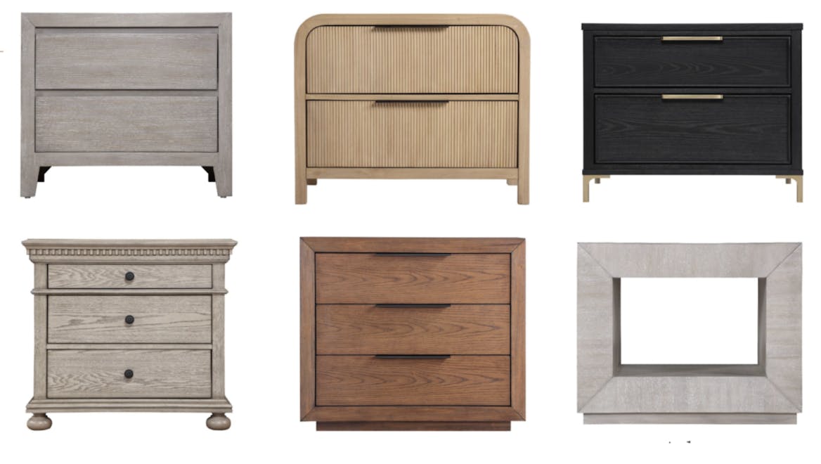 A line up of Saatva's elegant new wooden nightstands.