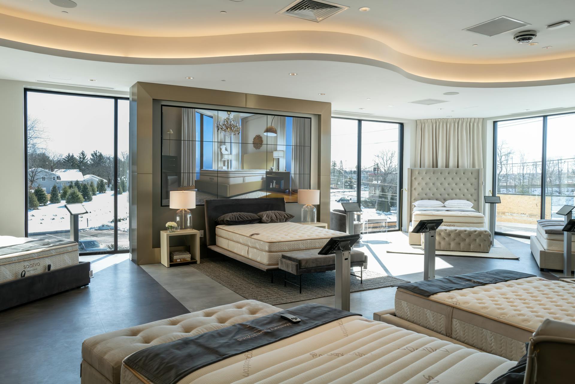 Saatva Paramus' Hero Bed composed of nine Samsung Ultra-Narrow Bezel Video Wall Displays to create a dynamic headboard display