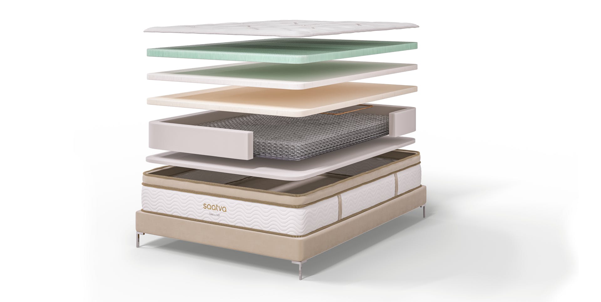 A rendering of the Saatva HD Mattress showing the key layers of support comfort and quality design.