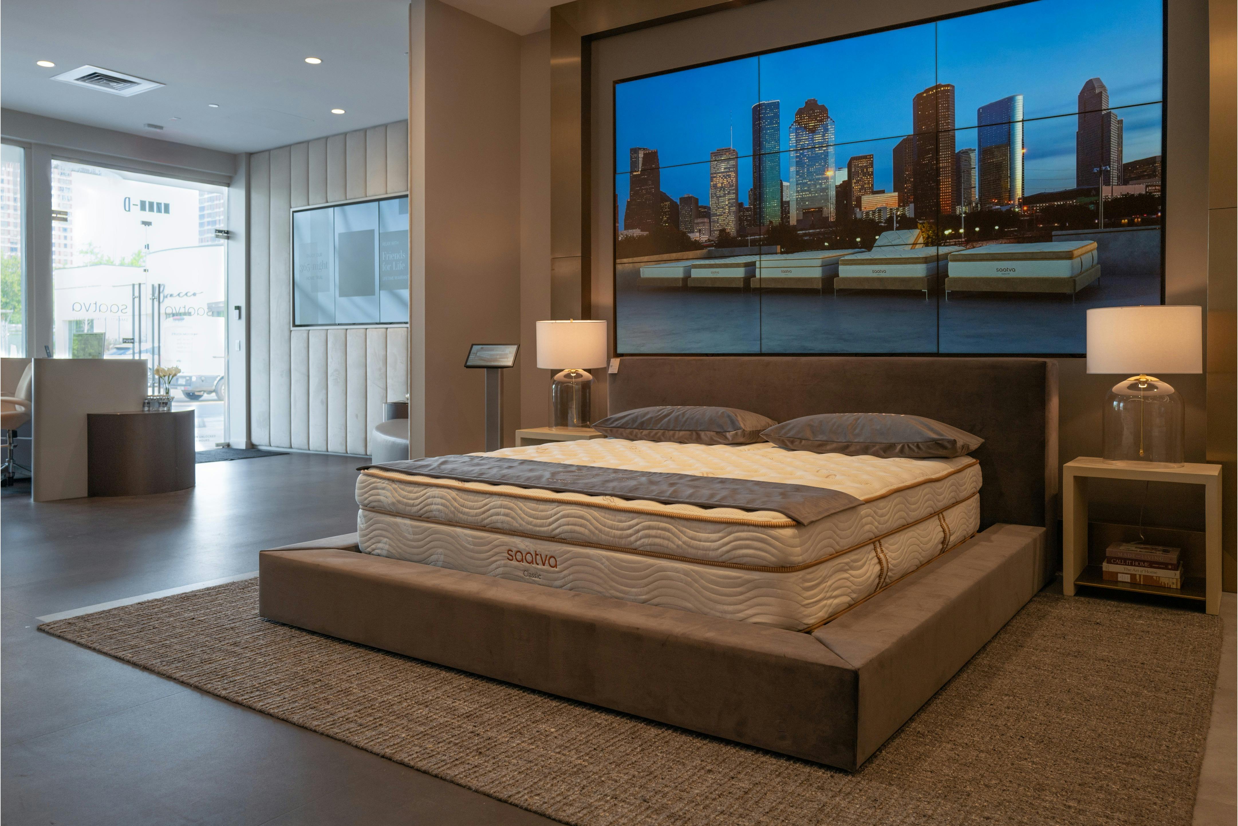 Saatva Houston's Hero Bed display, comprised of nine high-definition Samsung displays that form a customizable digital headboard