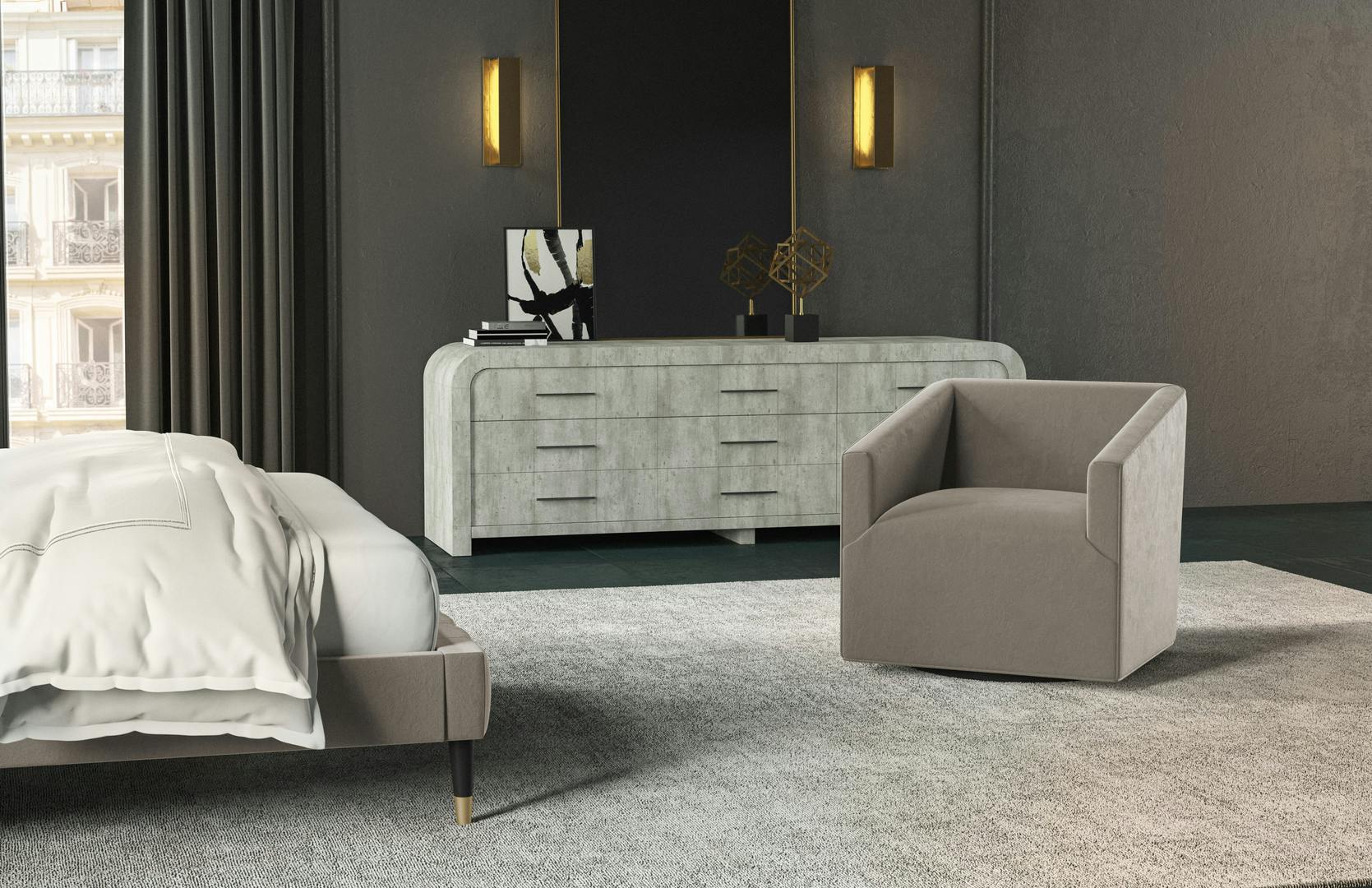 Saatva's spacious Como Swivel Chair in the Natural Linen Colorway in a an elegant bedroom 