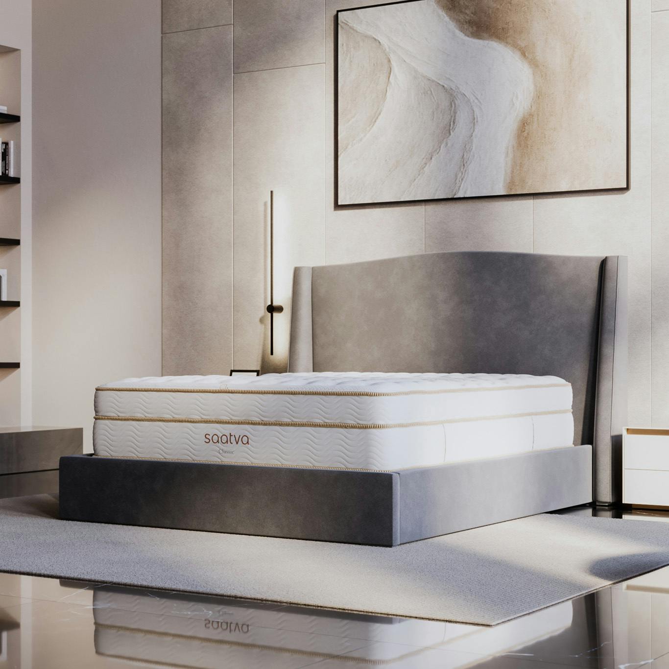 The Saatva Classic mattress on the Minori bed frame in a luxury bedroom at sunrise.