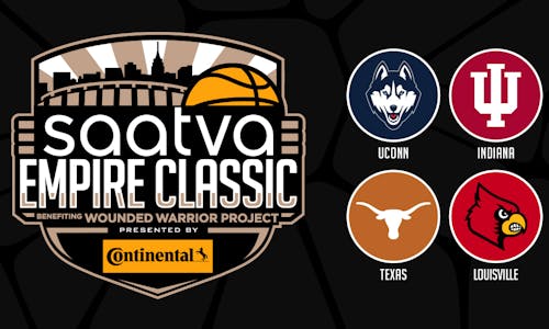 Saatva Empire Classic Basketball Tournament banner with the logos of the four competing teams including UConn Huskies, Indiana Hoosiers, Texas Longhorns and the Louisville Cardinals