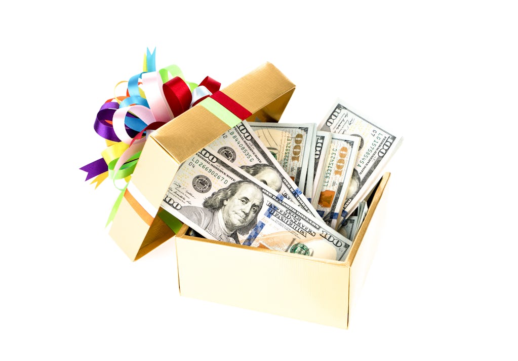 Hundred dollar bills in a decorated gift box <a href="https://www.freepik.com/photos/background">Background photo created by jannoon028 - www.freepik.com</a>