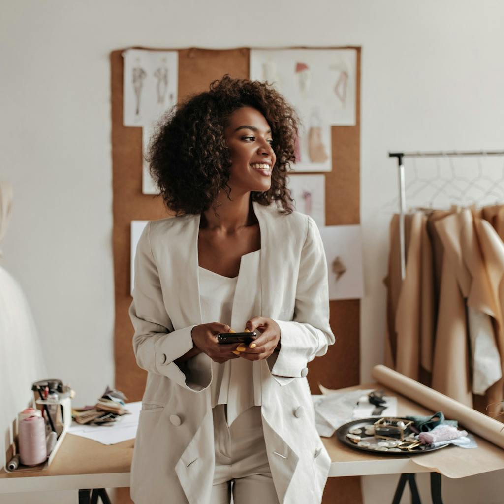 Curly-haired brunette woman in oversized jacket and white pants smiles, holds phone and leans on table in office