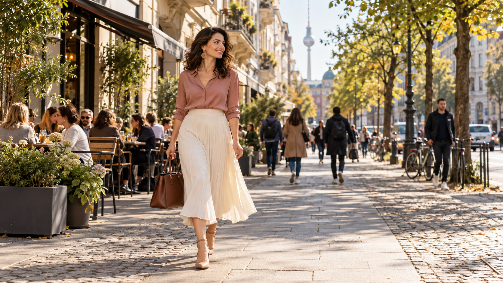A smiling professional in a blush blouse and ivory skirt walks along a sunlit Berlin street carrying a leather work bag, with an outdoor café and trees behind her.