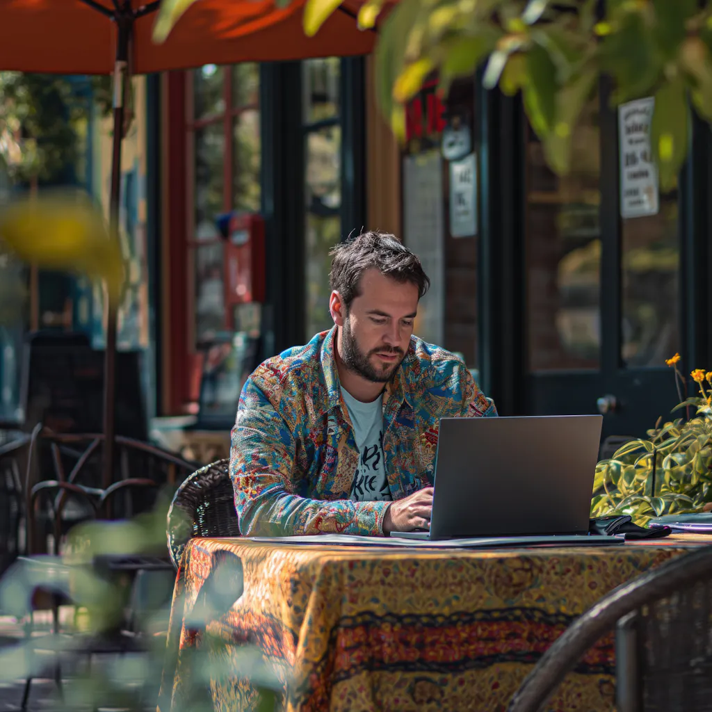 Man working on his laptop in a acfe terrace.
