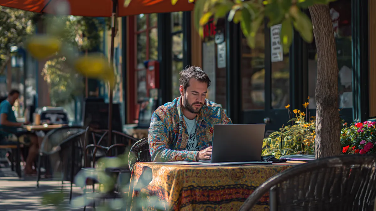 Man working on his laptop in a acfe terrace.