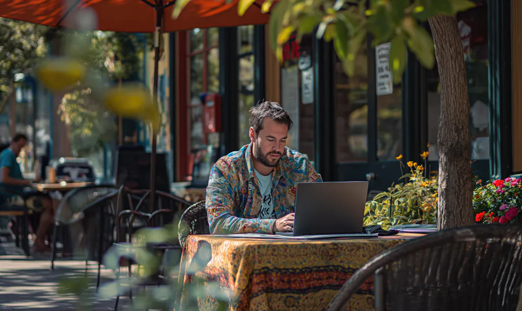 Man working on his laptop in a acfe terrace.