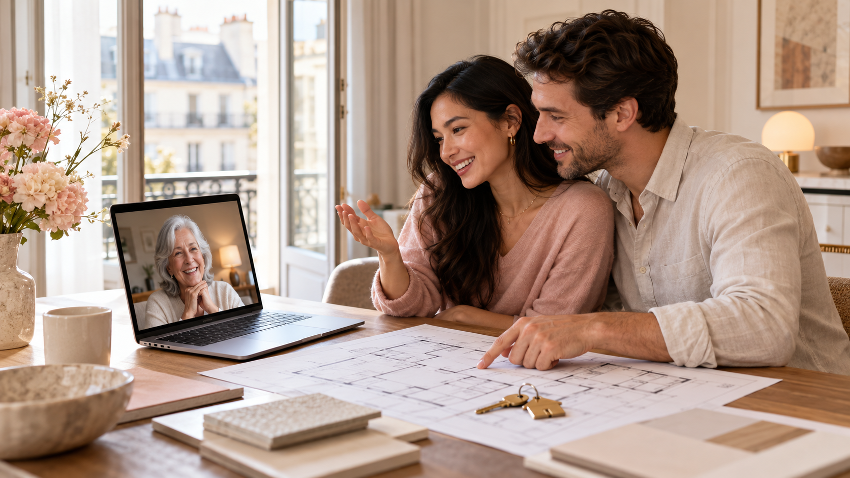 A smiling couple reviews a home floor plan and keys while speaking with an older parent on a laptop video call in a bright European apartment.