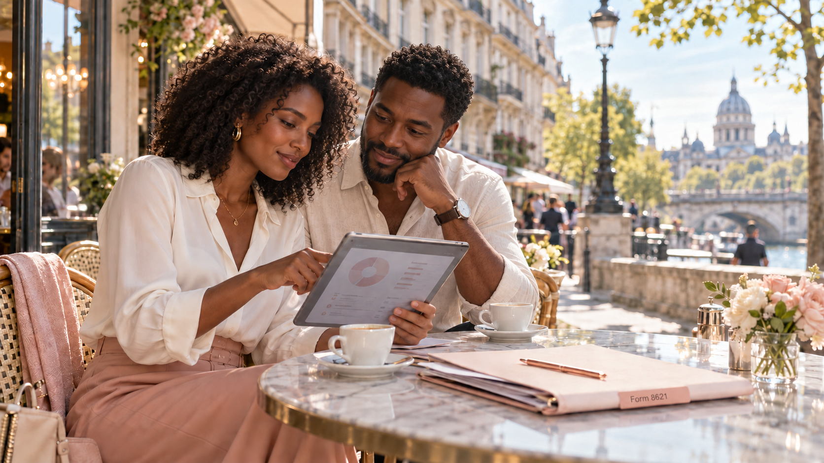 A couple reviews investments on a tablet at a sunny European café, with a blush folder labeled “Form 8621” on the table.