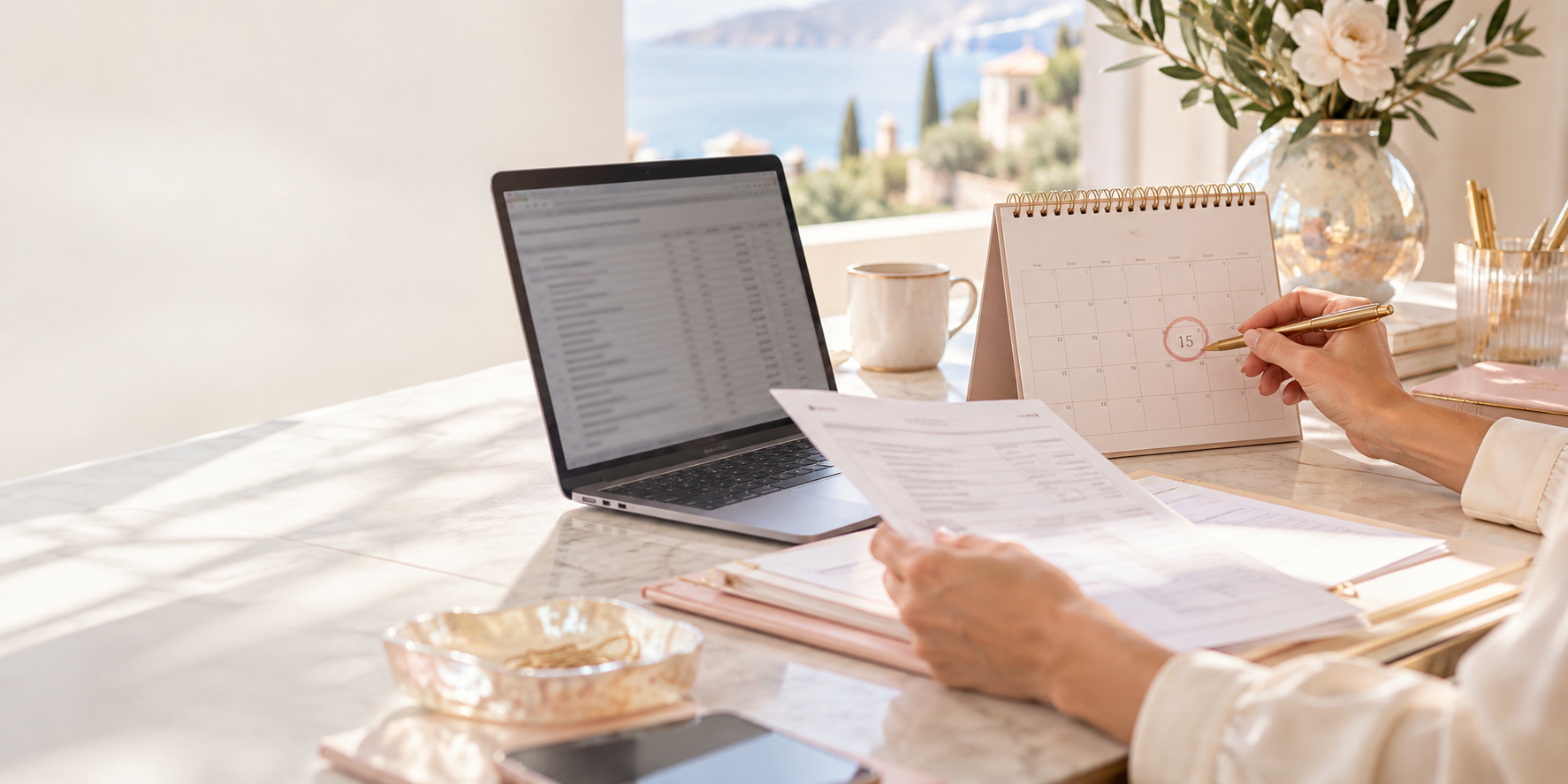 Hands reviewing tax paperwork beside a laptop and a desk calendar with October 15 circled, in a bright workspace with soft blush accents.