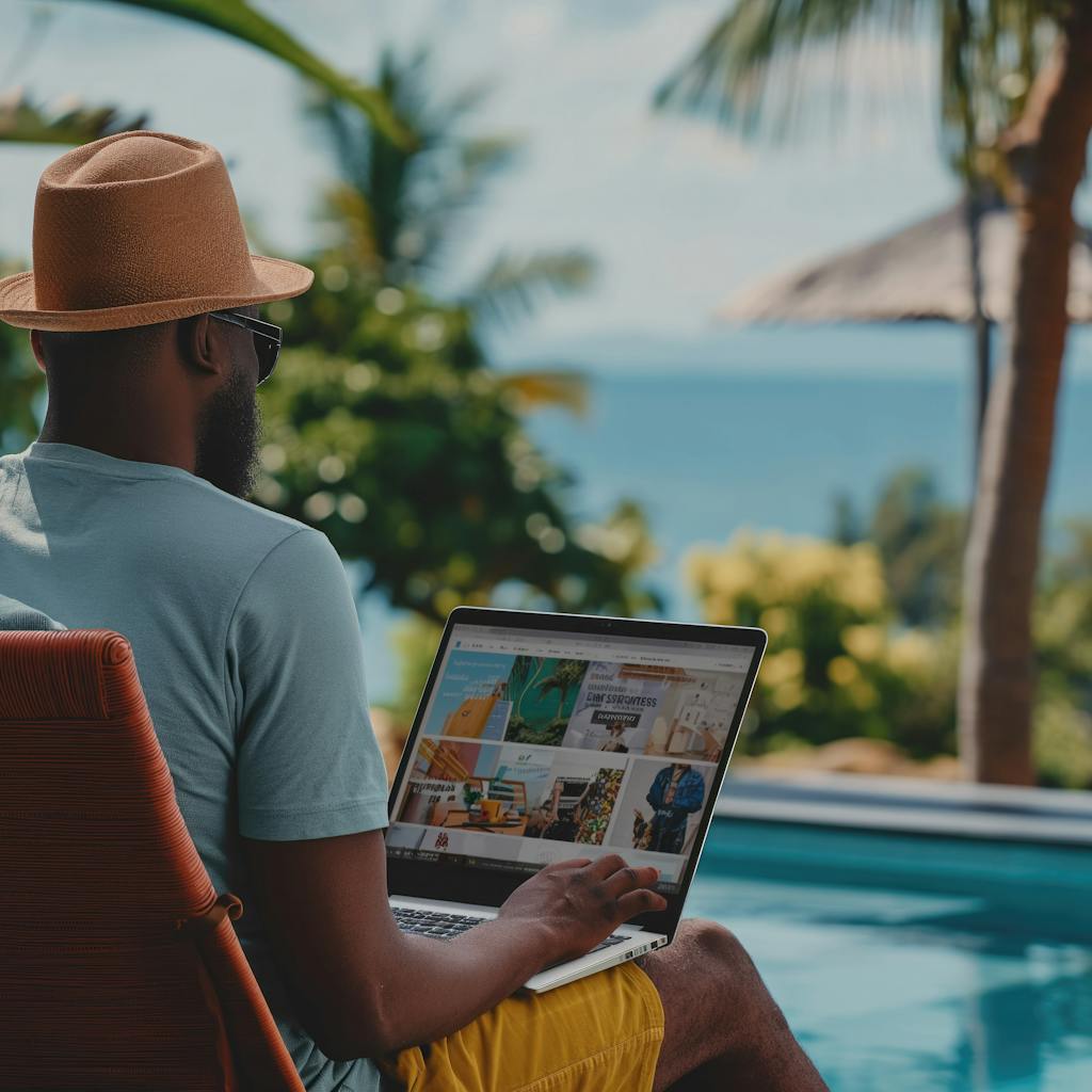 Hombre trabajando en su portátil con vistas a la piscina y al océano